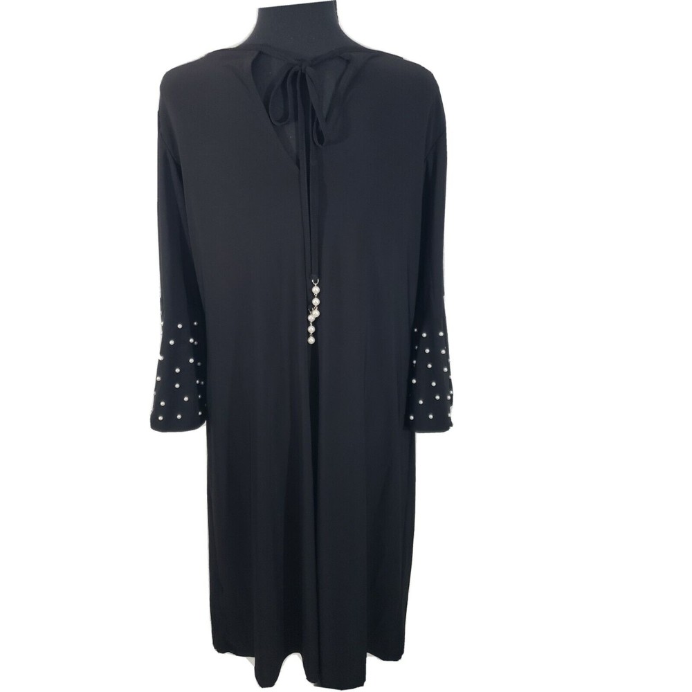 Women's Roz & Ali 1X Black Pearl Embellished Flutter Sl. Open Back Midi Dress - Picture 5 of 6